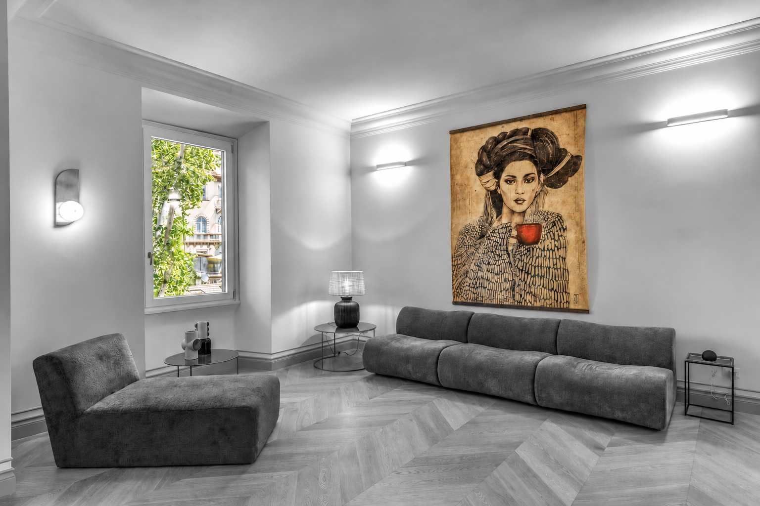 Il soggiorno dell’appartamento Saffi gestito da Convivial House a Roma